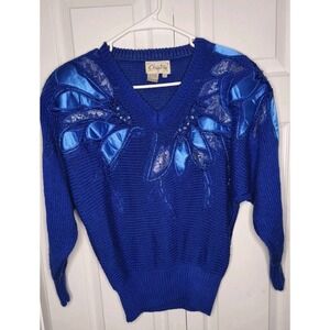Vintage 80's Christine Blue‎ Beaded Glamour Sweater Acrylic Nylon Small